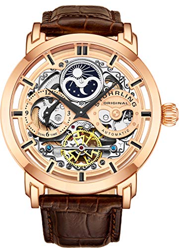 Stuhrling Original Mens Automatic-Self-Wind Luxury Dress Skeleton Dual Time Rose Gold Wrist-Watch 22 Jewels 47 mm Stainless Steel Case Decorative Exposed Back Embossed Supple Genuine Leather Strap …