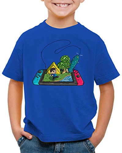 style3 Crossing Pez Camiseta para Niños T-Shirt Switch Animal Videojuego Horizons, Color:Azul, Talla:128