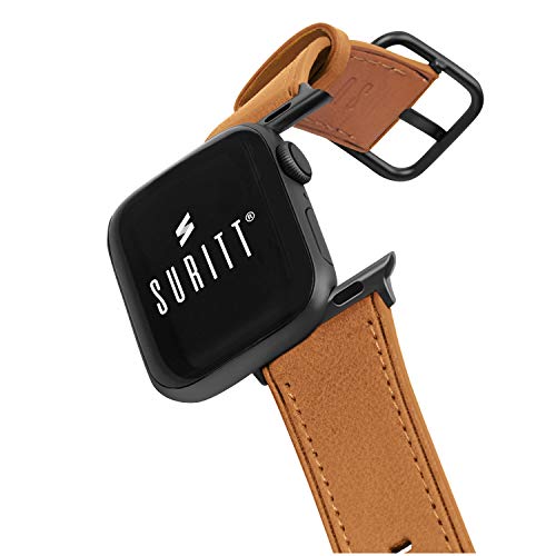 Suritt ® Correa para Apple Watch de Piel Rio (6 Colores Disponibles). 3 Colores de Hebilla y Adaptador para Elegir (Negro - Plata - Oro)(Series 6, SE, 5, 4, 3). (42mm / 44mm, Saddle Brown/Black)