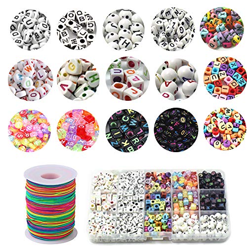 Sweieoni Bracelet Beads 910 piezas Alfabeto acrílico A-Z Letras con caja de almacenamiento y un rollo de cordón elástico colorido 100 m para collar Pulsera Llavero Fabricación de joyas Bricolaje