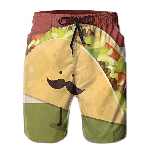 Swimming Shorts Funny Printed,Mexican Taco Figure with Mustached Face Rolled with Veggies Humor Comic Childish Art,Quick Dry Beach Board Trunks with Mesh Lining