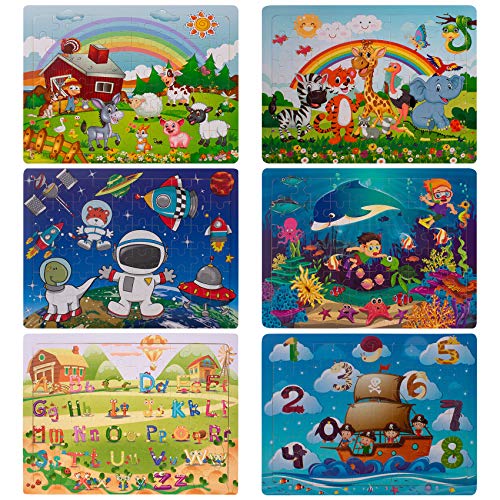 Swonuk Puzzle Madera niños, 60 Piezas Rompecabezas Madera Bebe, Include Animales, numeros, Letras, Regalo para niños(6 Paquetes, 60 Piezas)