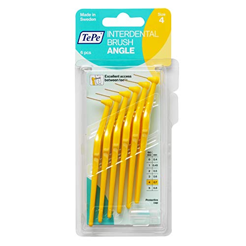 TePe Angle Cepillos interdentales angulados, Tamaño 4, diámetro 0,7 mm, Pack de 6, color amarillo
