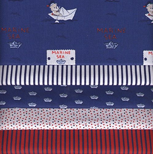 Textiles français Stoffpak Bundle de Telas - 5 Telas Bebé Marinero Azul, con Rojo y Blanco - colección de Telas de coordinación (pequeños diseños) | 100% algodón | 35 x 50 cm