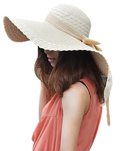 TININNA Moda Sombrero,Verano Mujer Hawaii Turismo ala Gran Sombrero Rafia Paja Sol Sombrero Playa Plegable Sombrero con Bowknot.(Beige)