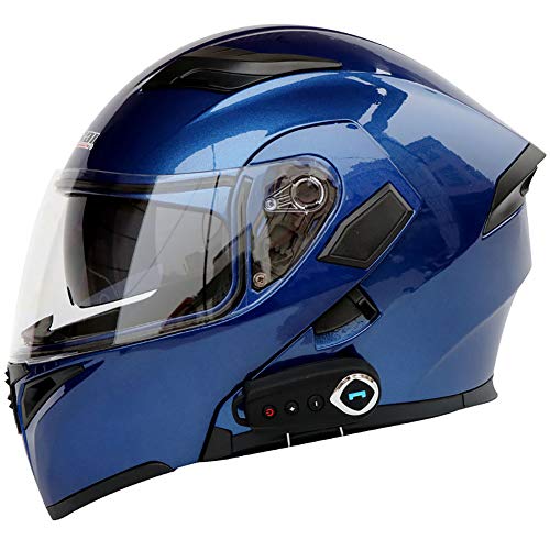 TKer Casco de Motocicleta Integrado Bluetooth, Cascos modulares de Moto de Visera Doble con Visera Completa para Hombres y Mujeres Adultos, Certificación ECE,Azul,M