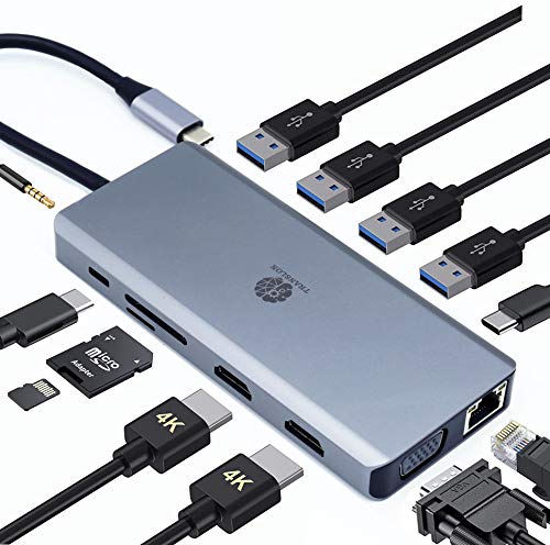 TRANSLON USB C Hub, compacta estación de acoplamiento, 13 en 1, pantalla triple, PD 87W, 2X HDMI, 1x VGA, 4X USB, 1x extra tipo USB C, lector de tarjetas SD/microSD, LAN Ethernet, conector de 3,5 mm