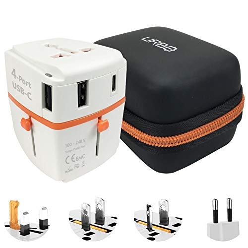 Urbo Adaptador de Viaje con Diseño Desmontable y Puertos USB-A y 1 Puerto USB-C + Clavijas Retráctiles para Tomas de Corriente en Más de 100 Países de Europa, Asia, América, África y Oceanía