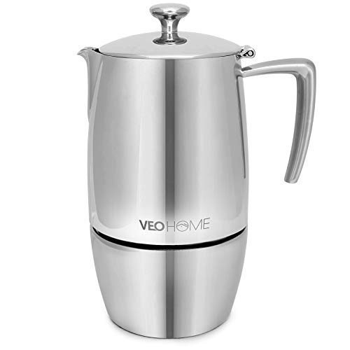 VeoHome - Cafetera Italiana de Acero Inoxidable 10 tazas 500 ml – Cafetera Moka Italiana para cocinas Inducción, Vitrocerámica y de Gas - Estilo Espresso – Irrompible, Segura y apta para Lavavajillas