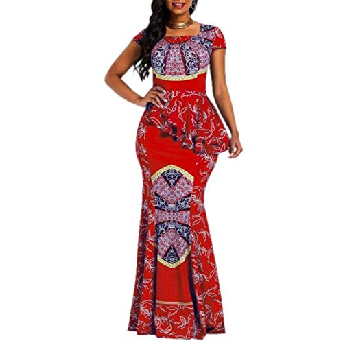 VERWIN Vestido africano manga casquillo cuello cuadrado longitud hasta el piso vestido geométrico sirena maxi vestido largo