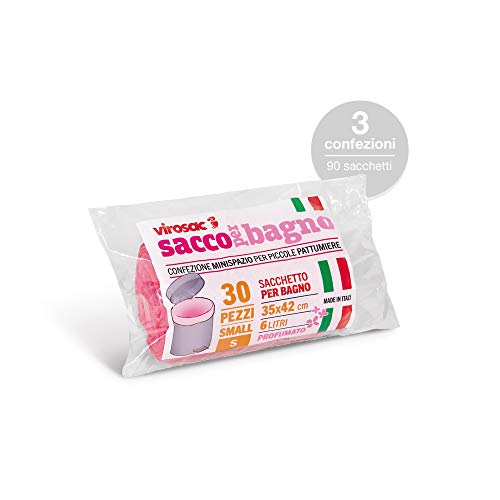 Virosac SaccoBagno - Bolsas pequeñas ideales para los cubos de basura del baño Perfume floral – 90 bolsas rosa medida 35 x 42 cm