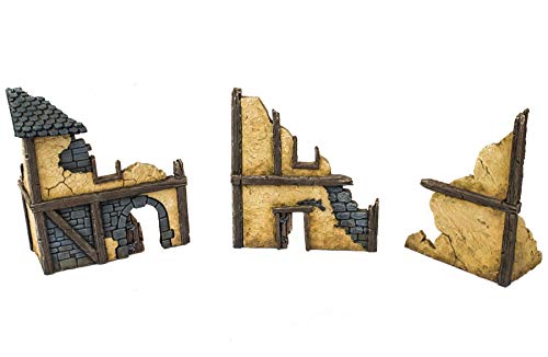 War World Gaming Fantasy Village - Set de 3 Casas en ruinas - 28mm Wargaming Medieval Miniaturas Maquetas Dioramas Edificios Wargames Guerra Aldea Edad Media