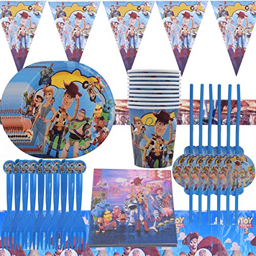 WENTS Vajilla Diseño de Toy Story Desechable Accesorio de Decoración de Fiesta de Cumpleaños Apoyo para Celebración Pancarta Platos Vasos Servilletas y Mantel Resistente, 52pcs