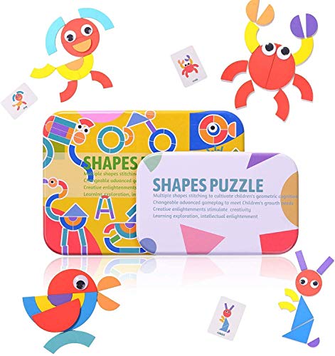WolinTek Tangram Madera,Formas y Colores Montessori Puzzle de Madera + Diseño Tarjetas de Apilamiento Juegos y Juguetes Educativos Clasificación de la Infancia