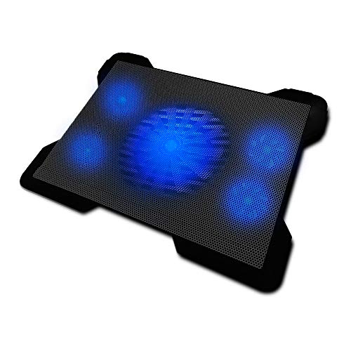 Woxter Cooling Pad 1560 R – Base refrigeradora para portátiles, 5 ventiladores desconectables, luz led azul y 2 puertos USB, especialmente diseñado para gamers, (silencioso 30dBA, base iluminada, alimentado por USB, control de velocidad y compatible con p