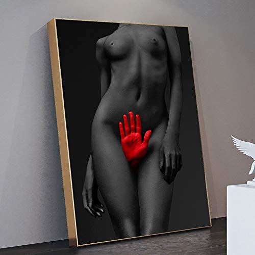wZUN Chica Modelo Desnuda Negra con Cartel de Mano roja y Pintura de Lienzo en la Imagen artística en la Pared para la decoración Moderna del hogar 60X90CM