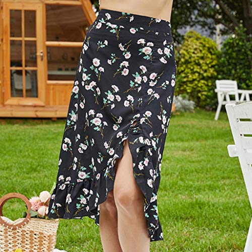 XYZMDJ Falda de mujer retro con diseño floral de hojas de loto para niña dulce irregular dividida, primavera y verano, falda larga de rodilla para vacaciones (tamaño: mediano)