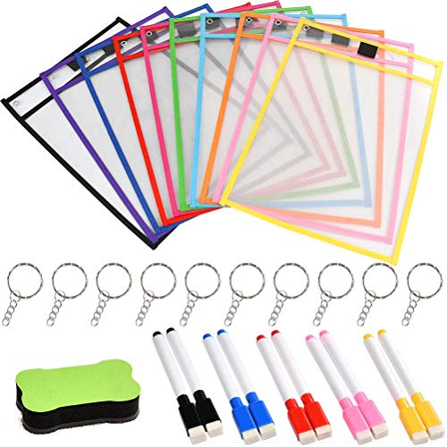 YOTINO 31PCS 10 piezas Bolsas de borrado en seco reutilizables de PVC en diferentes colores + borrador 1PCS en forma de hueso + 10 bolígrafos para escuela, trabajo + anillo de 10 teclas