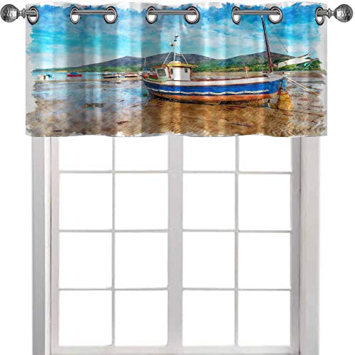 YUAZHOQI cenefas de acuarela pintura de un barco de pesca en la playa en Trefor en la península de Llyn en el norte de Gales, 137,2 x 45,7 cm cortina cenefas para ventanas