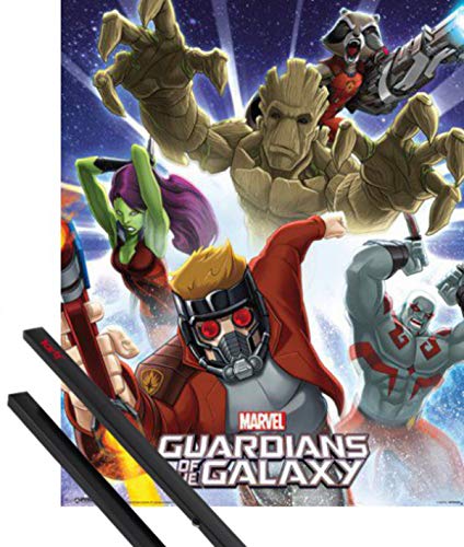 1art1 Guardianes De La Galaxia Póster Mini (50x40 cm) Groot, Gamora Y Rocket Racoon Y 1 Lote De 2 Varillas Negras