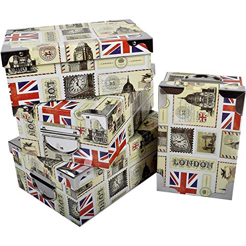 2J London, Set de 4 Cajas de cartón con Tapa Impresa con ángulos y Asas metálicas. Medidas: XL 29x20x11 cm -L 27x18x10.5 cm - M 25x16.5x10 cm - S 23x15x9 cm