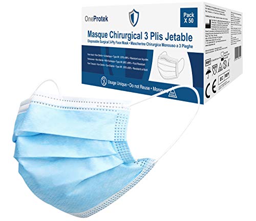 50 Mascarillas quirúrgicas desechables OneProtek - 3 capas Tipo IIR uso médico - Especificaciones europeas CE EN14683 - Cómodas, transpirables y elásticas resistentes 50 Mascarillas quirúrgicas desechables OneProtek - 3 capas Tipo IIR uso médico - Especificaciones europeas CE EN14683 - Cómodas, transpirables y elásticas resistentes