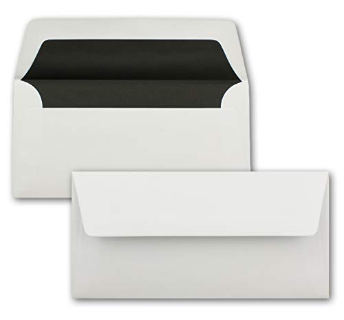 50 sobres blancos – DIN largo – forrado con papel de seda negro – 100 g/m² – 22 x 11 cm – Pegamento húmedo – Marca de calidad: NEUSER PAPEL
