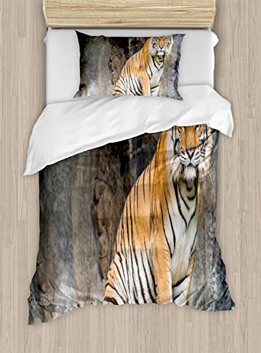 ABAKUHAUS Zoo Funda Nórdica, Tigre de Bengala Gato Predator, Decorativo, 2 Piezas con 1 Funda de Almohada, 130 cm x 200 cm, Brown pálido Negro Blanco