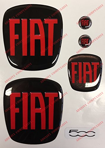 Adesivi Compulsivi - Emblema Fiat 500 delantero y trasero + emblema para volante + 2 emblemas para llavero - Para capó y maletero - Adhesivos fabricados en resina - Efecto 3D -Color negro/rojo