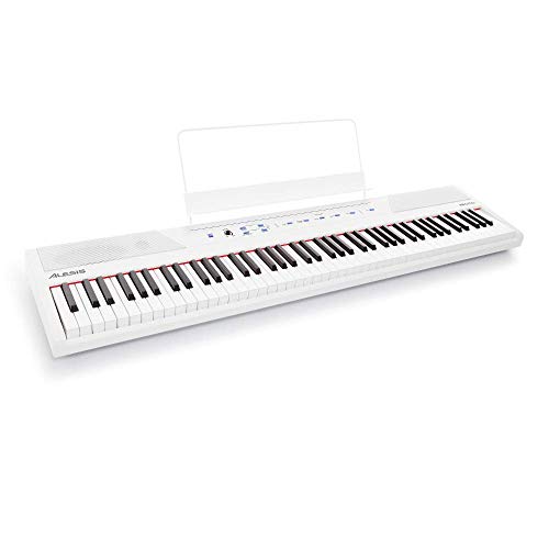 Alesis Recital White - Teclado de piano digital de color blanco con 88 teclas semi-contrapesadas de tamaño completo, fuente de alimentación, altavoces incorporados y 5 voces de primera calidad