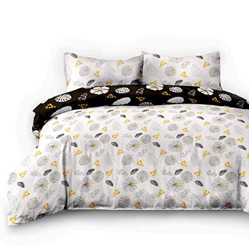 AmeliaHome 06549 - Juego de Cama (3 Piezas, 200 x 220 cm, con 2 Fundas de Almohada de 70 x 80 cm, 100% algodón), diseño Floral, Color Blanco, Negro y Amarillo