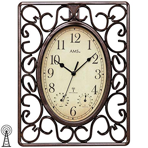 AMS 5976 - Reloj de pared controlado por radio, color marrón, rectangular, antiguo, vintage, con termómetro