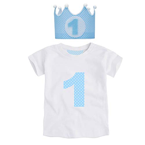 Anak-Conjunto 1er Cumpleaños de 2 Piezas Corona + Camiseta 9-18 Meses - Regalos Originales para Bebes (Lunares Azul, 9-12 Meses)