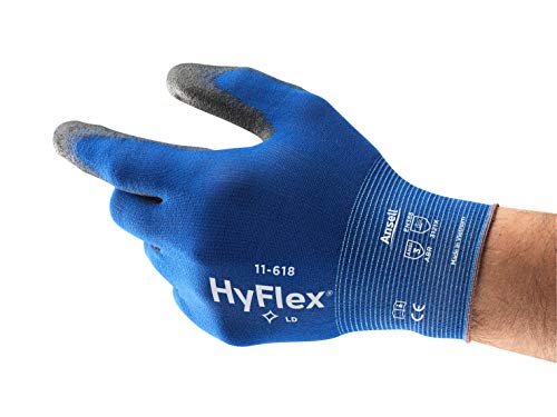 Ansell 11618 HyFlex 11-618 Guantes de Trabajo de Nylon, Extra-finos, Guante Mecánico Duraderos Para Usos Múltiples, Azul/Negro, Tamaño 9 (12 Pares)