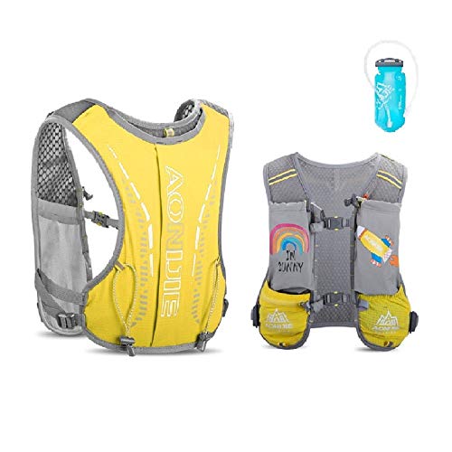 AONIJIE Mochila de hidratación para niños, 2,5 l, con bolsa de agua de 750 ml, para senderismo, bicicleta, escalada, color amarillo y azul