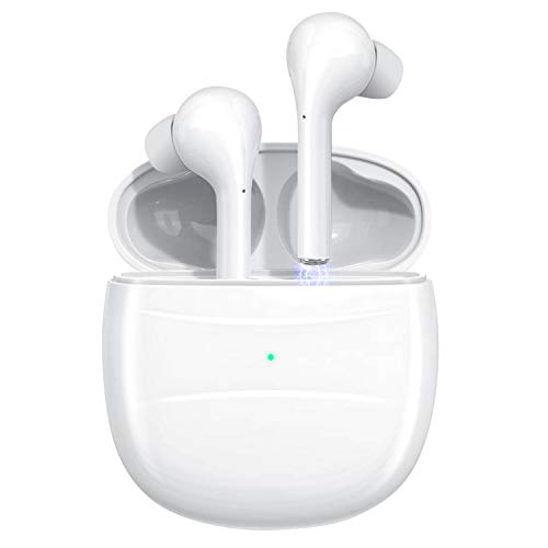 Aoslen - Auriculares inalámbricos Bluetooth 5.0, control táctil, cancelación de ruido, con micrófono y funda de carga portátil, color blanco
