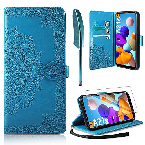 AROYI Funda Compatible con Samsung Galaxy A21S y Protector de Pantalla, Funda Libro Protectora Piel PU Soporte Plegable Ranura para Tarjeta Magnético Cuero Flip Carcasa Case(Azul)