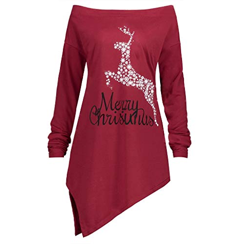 Auifor Indumentaria Femenina Casual Imprimir Feliz Navidad Tapa del cordón del Remiendo de la Camiseta Top（B-Rojo/XXX-Large）