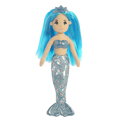 Aurora Sirena de Peluche de la colección Sea Shimmers Sapphire de la Marca World, Talla Mediana, Color Azul, melocotón y Plata