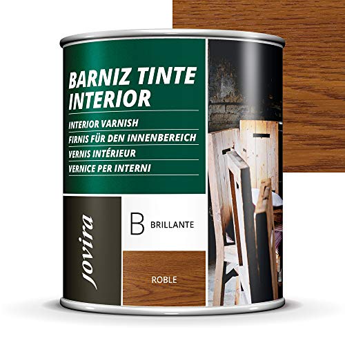 BARNIZ TINTE INTERIOR BRILLANTE, (6 COLORES), Barniz madera, Protege la madera, Decora y embellece la madera. (750ML, ROBLE)