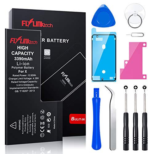 Batería para iPhone X 3390mAH con 38% más de Capacidad Que la batería Origina, FLYLINKTECH Reemplazo de Alta Capacidad Batería para iPhone X con Kits de Herramientas de reparación, Cinta Adhesiva Batería para iPhone X 3390mAH con 38% más de Capacidad Que la batería Origina, FLYLINKTECH Reemplazo de Alta Capacidad Batería para iPhone X con Kits de Herramientas de reparación, Cinta Adhesiva