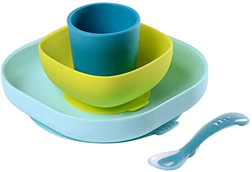 BÉABA Juego de Vajilla en Silicona Infantil, Ventosa resistente, Set de 4 Piezas para bebé, Plato + Bol + Taza + Cuchara, Alta calidad, Accesorios para el Aprendizaje de bebé, Azul