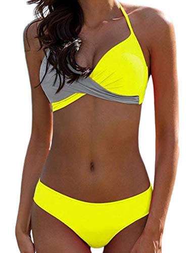 Bikini Elegante Traje de Baño Conjunto Bañador Halter Sexy Sólido para Mujer Ropa de Playa Traje de Baño Bikini Sets Talla Grande (Amarillo, L)