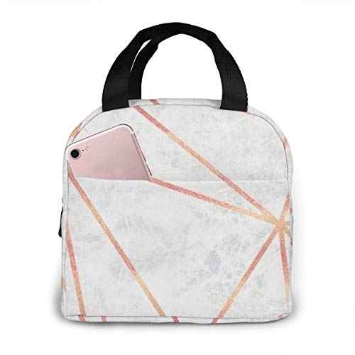 Bolsa de almuerzo aislada con diseño geométrico de mármol en oro rosa, bolsa de asas con refrigerador de almuerzo de gran capacidad para la oficina de la escuela de picnic al aire libre