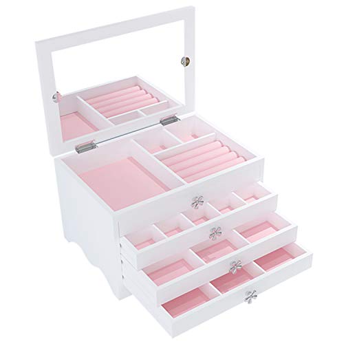 Caja Joyero con Espejo y Cajones, Caja joyero Organizador de Madera, Caja para Joyas, Caja joyerías Organizador para Pendientes, Collares, Pulseras, Relojes, Anillos, 28.3 x 19.5 x 17.5 cm, Blanco