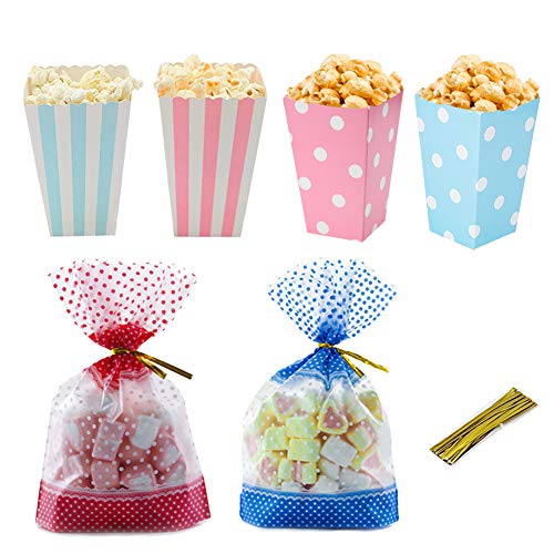 Cajas palomitas carton, lunares y bolsas de papel rayadas con palomitas de maíz Envase de dulces con bolsa de regalo de regalo para fiesta de baby shower de noche, rosa y azul (paquete de 48 unidades)