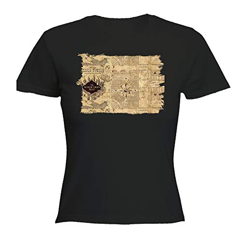 Camiseta Negra Mujer Mapa Medieval MAGICO Mago Gafas Oferta Tshirt