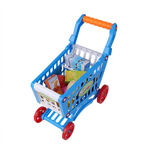 Carro de Compras de plástico para niños, los niños pequeños juegan al supermercado Supermercado Puesto de Mercado para niños Carro de Compras con Frutas y Verduras Comestibles (Blue with Food)