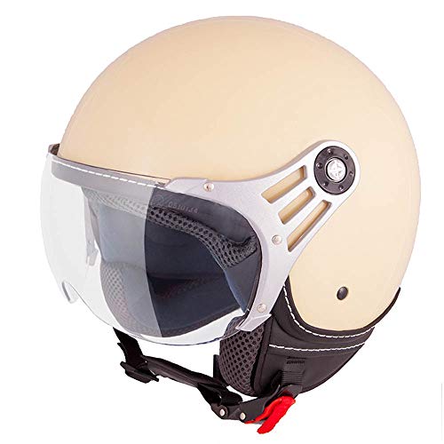 Casco moderno de moto Vinz, tipo jet, color crema en tallasXS - M, casco con visera, certificado ECE
