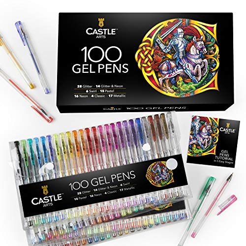 Castle Art Supplies 100 bolígrafos de gel con estuche, para niños y adultos. Libros para colorear, dibujo, scrapbooking, escritura. Kit de puntas finas con remolino, pastel, metálico, brillo y neón.